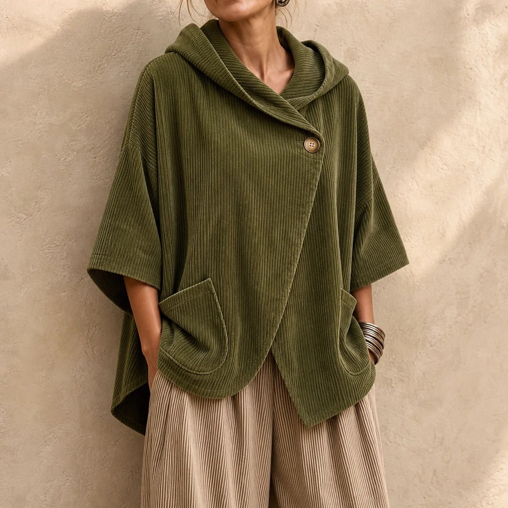 Cozy Asymmetric Corduroy Hooded Poncho Top