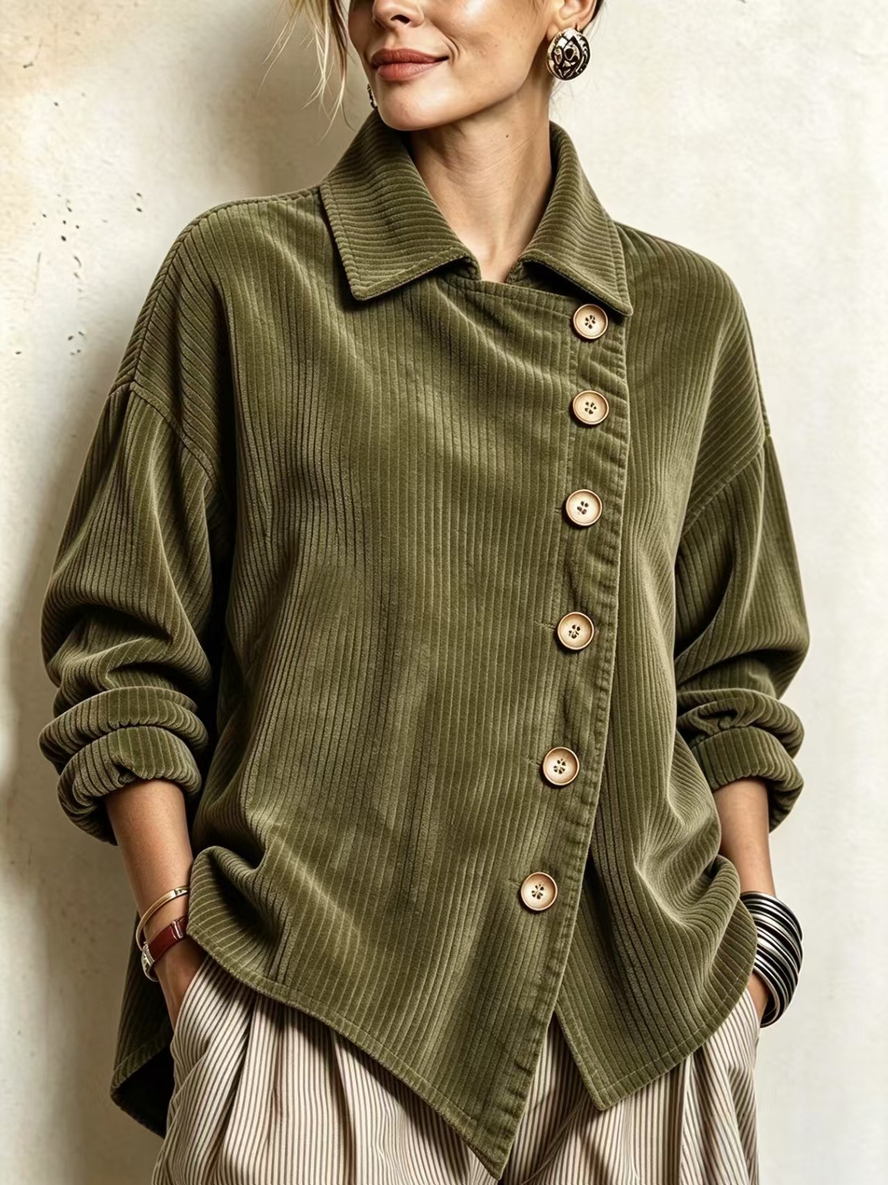 Elegant Asymmetrical Corduroy High-low Hem Blouse