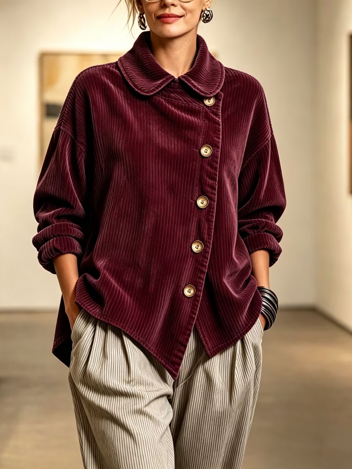 Cozy Peter Pan Collar Corduroy Asymmetric Button-down Top