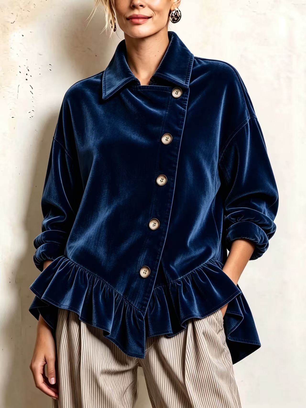 Chic Cozy Asymmetrical Ruffled Hemvelvet Top