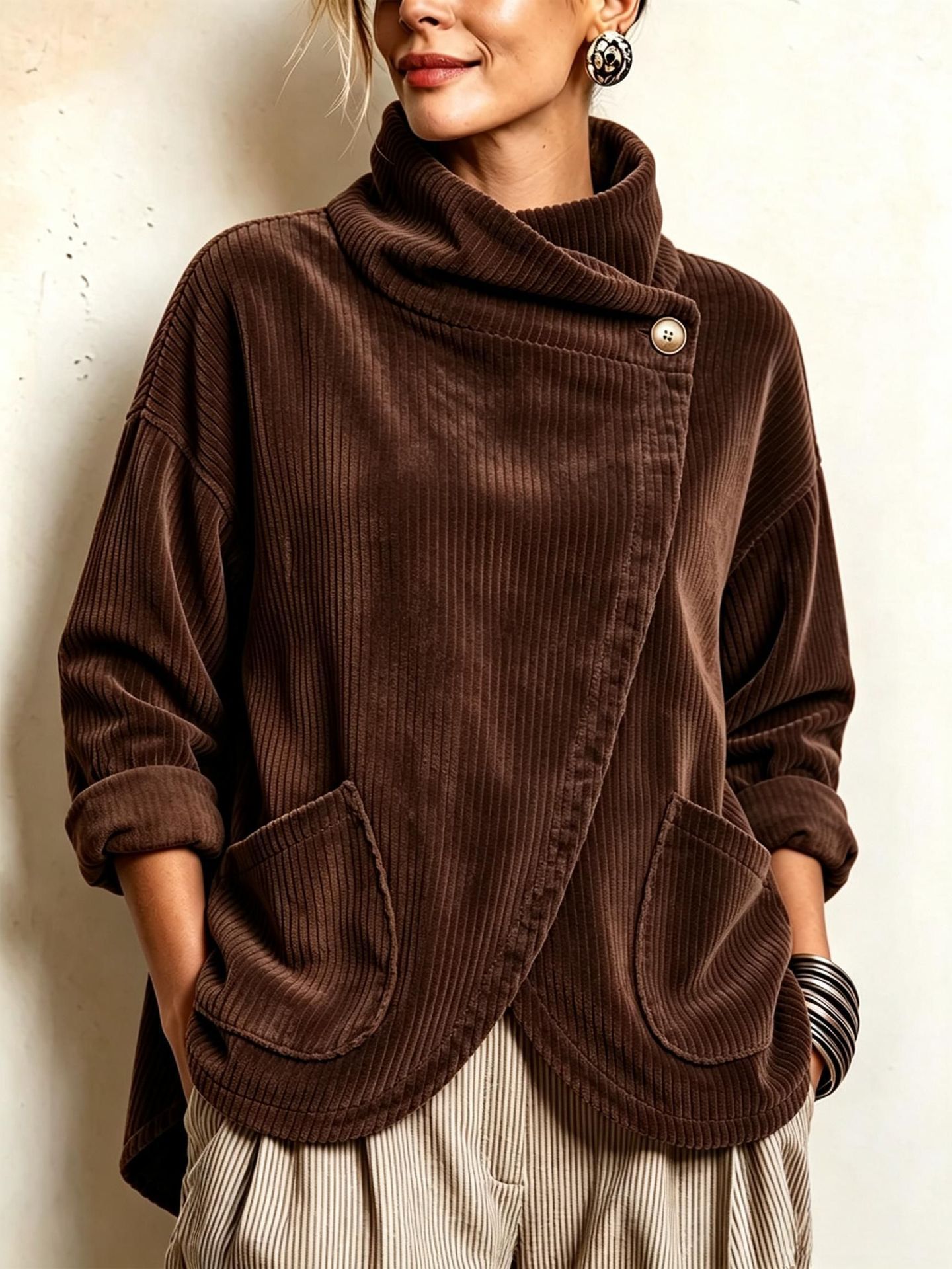 Cozy Asymmetric Button-Accented Corduroy Top