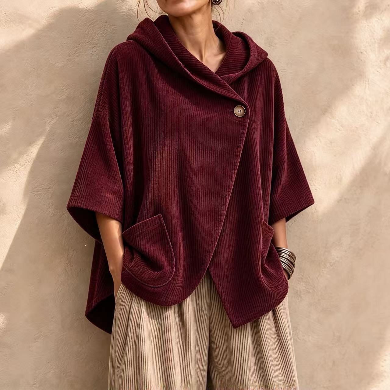 Cozy Asymmetric Corduroy Hooded Poncho Top