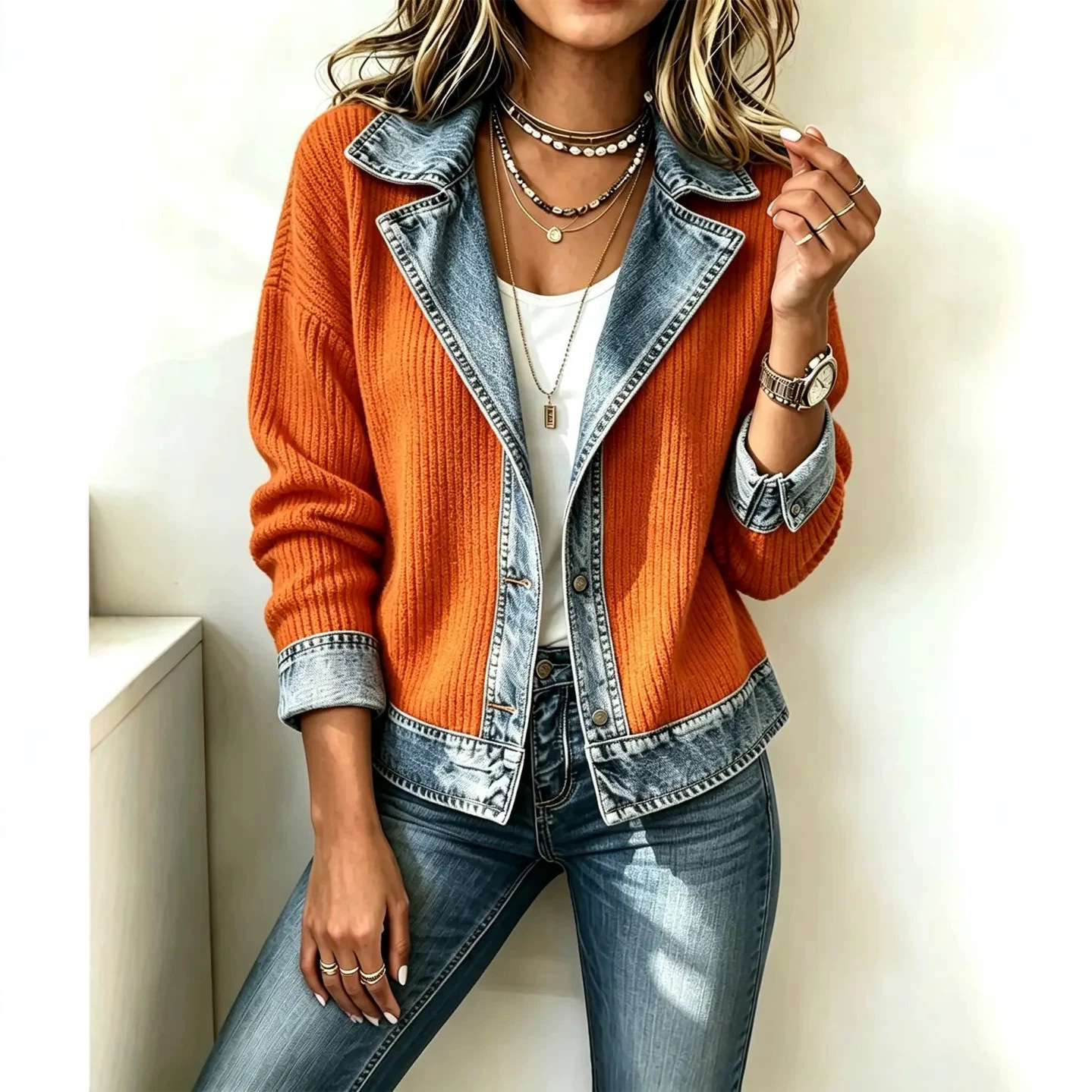Women Spring/Fall Outerwear Vintage Split Joint Contrast Stitching Long Sleeve Lapel Collar Jacket