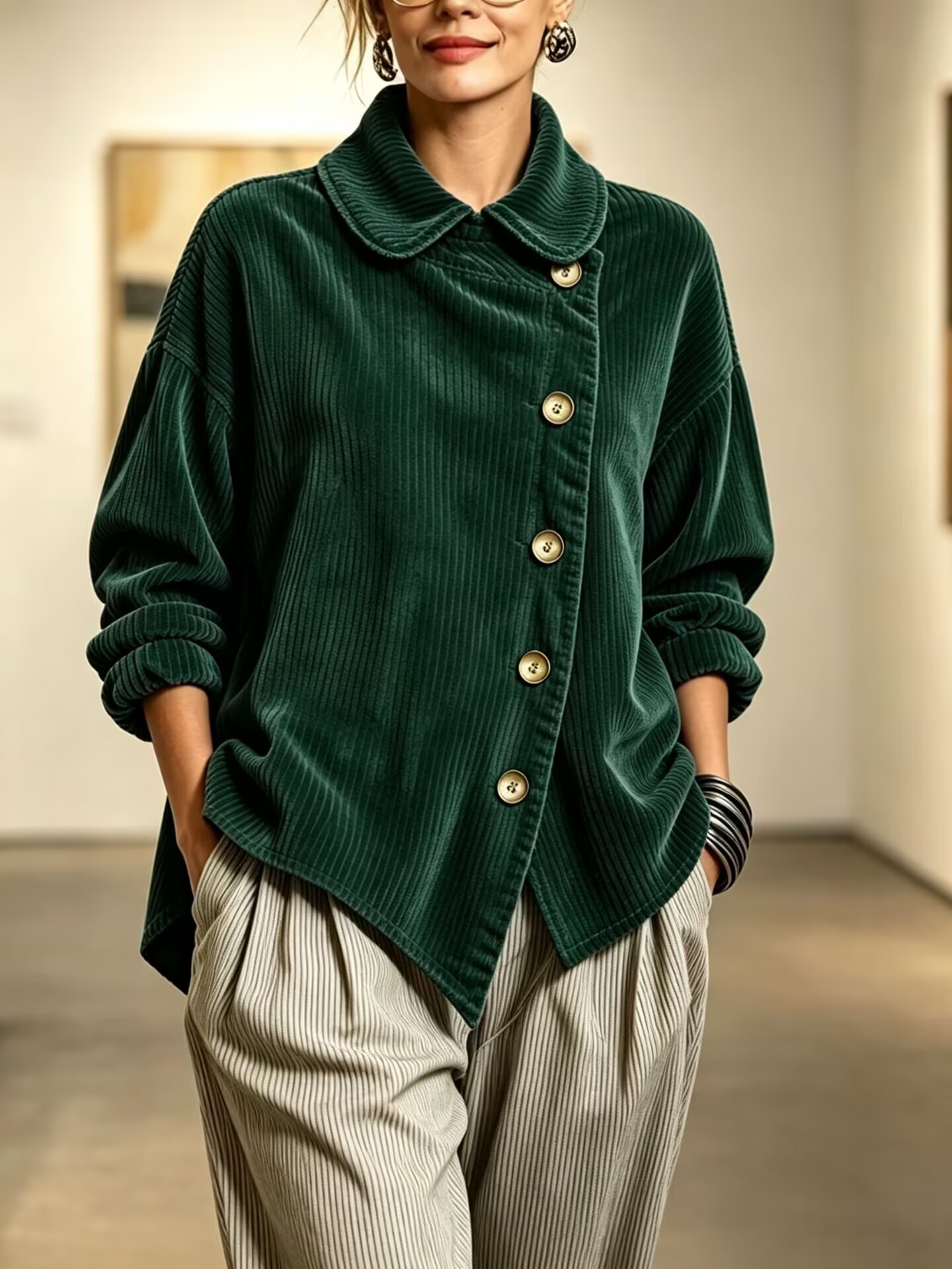 Cozy Peter Pan Collar Corduroy Asymmetric Button-down Top