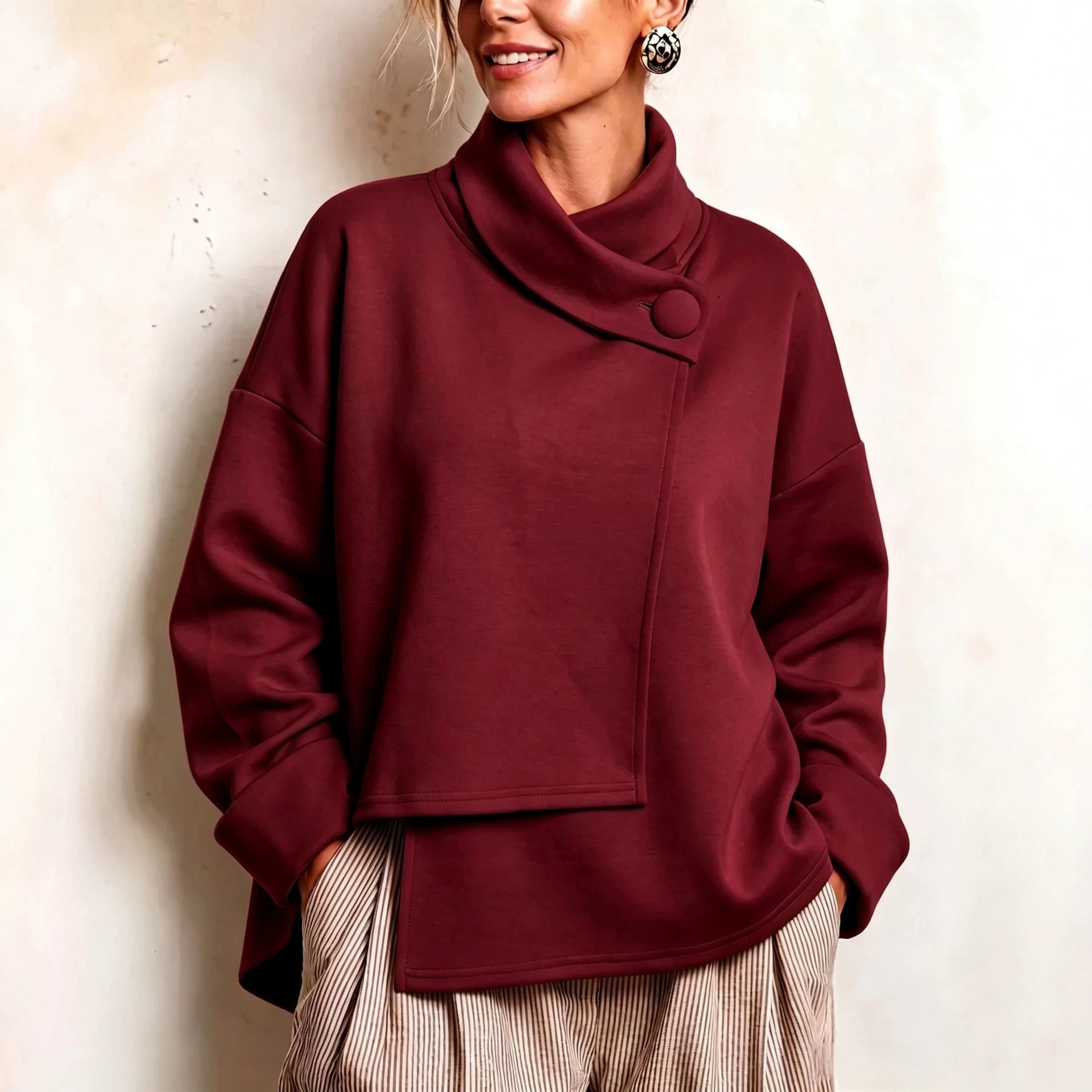 Cozy Asymmetric Cowl Neck Sweatshirt Top