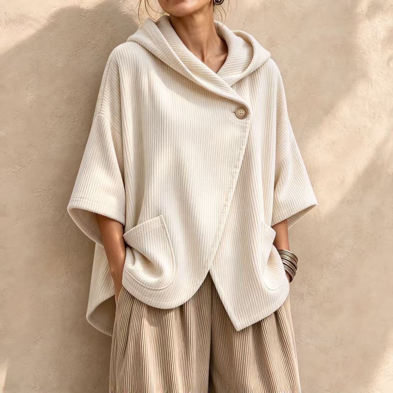 Cozy Asymmetric Corduroy Hooded Poncho Top