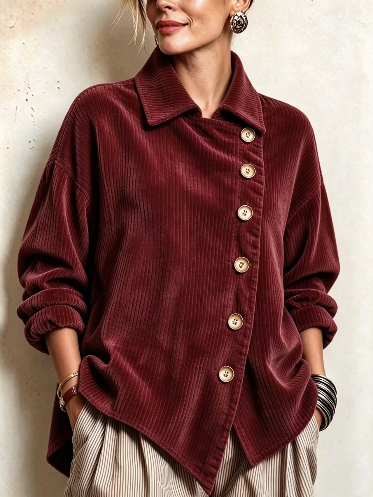 Elegant Asymmetrical Corduroy High-low Hem Blouse