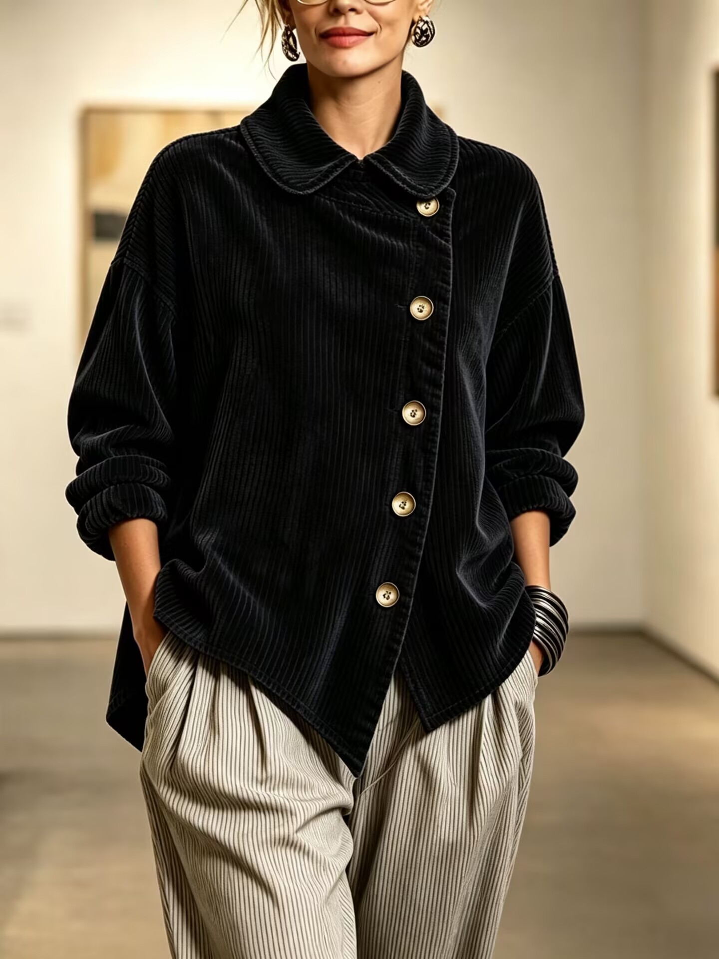 Cozy Peter Pan Collar Corduroy Asymmetric Button-down Top