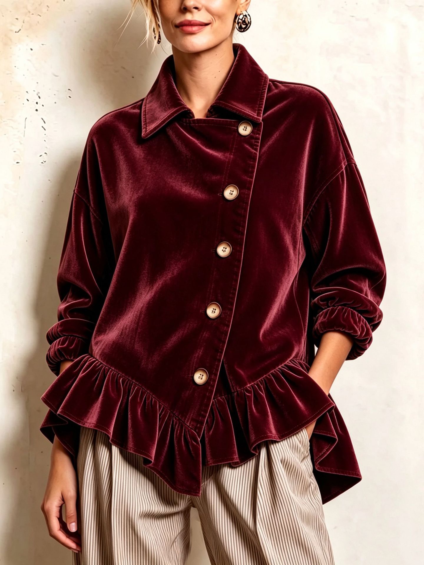 Chic Cozy Asymmetrical Ruffled Hemvelvet Top