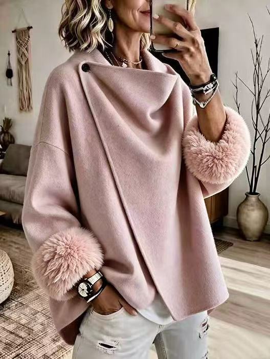 Cozy Faux Fur Cuff Asymmetric Wool-Blend Jacket