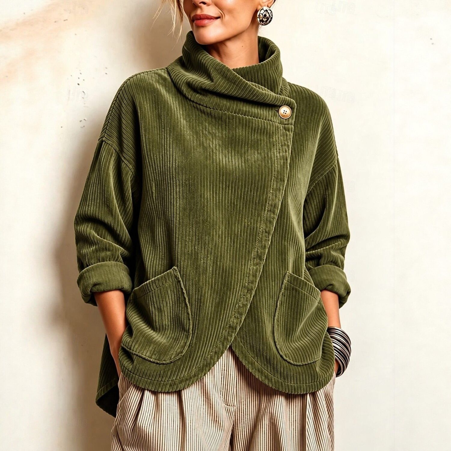 Cozy Asymmetric Button-Accented Corduroy Top