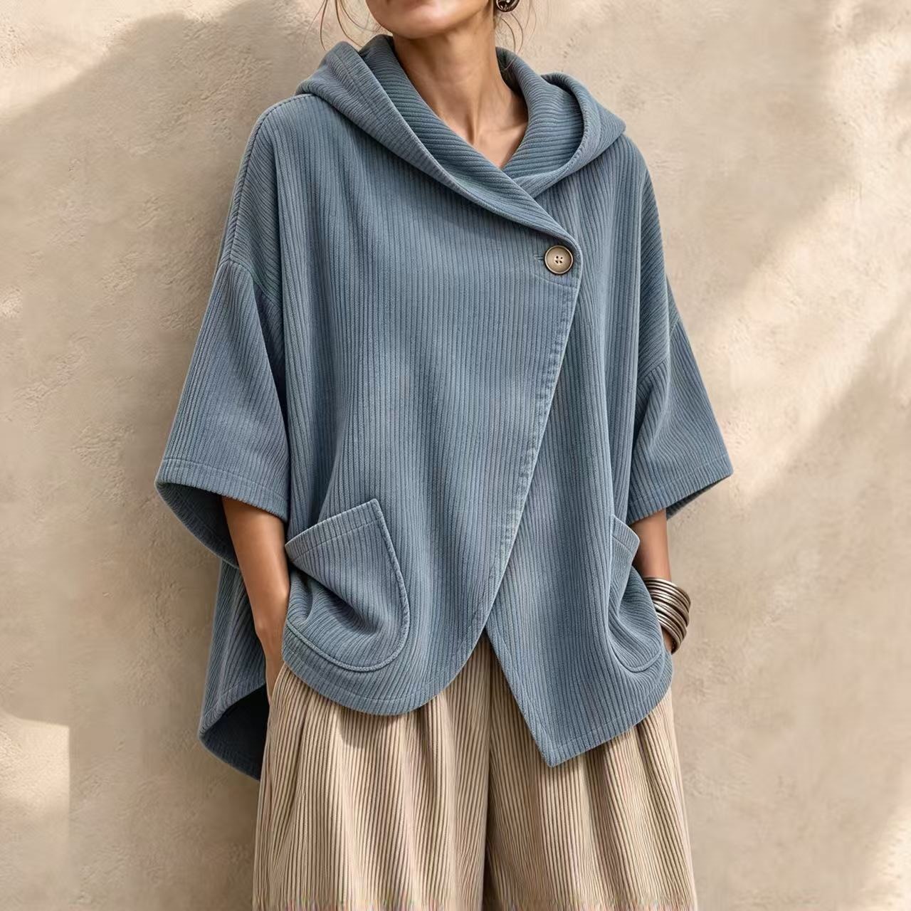Cozy Asymmetric Corduroy Hooded Poncho Top