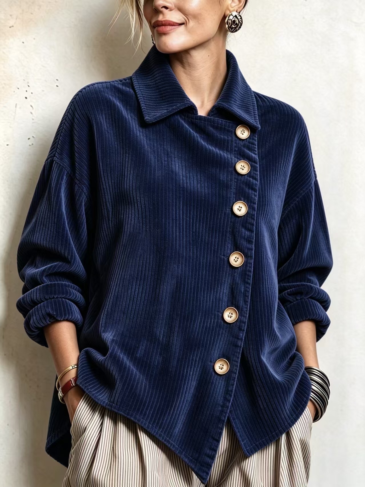 Elegant Asymmetrical Corduroy High-low Hem Blouse