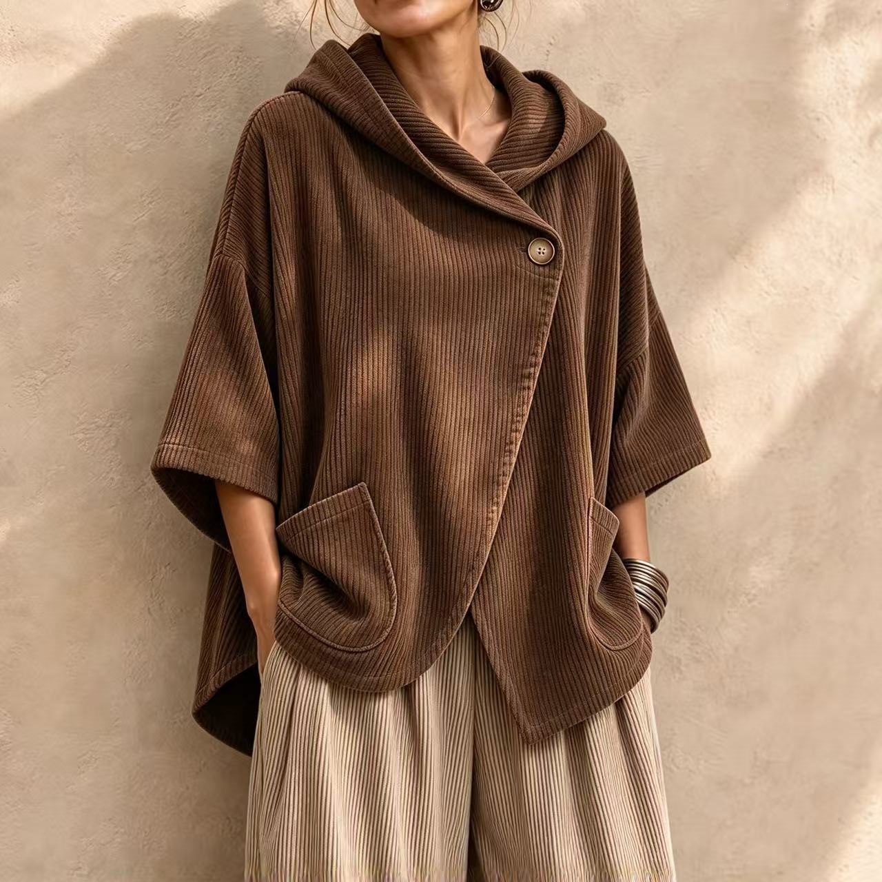 Cozy Asymmetric Corduroy Hooded Poncho Top