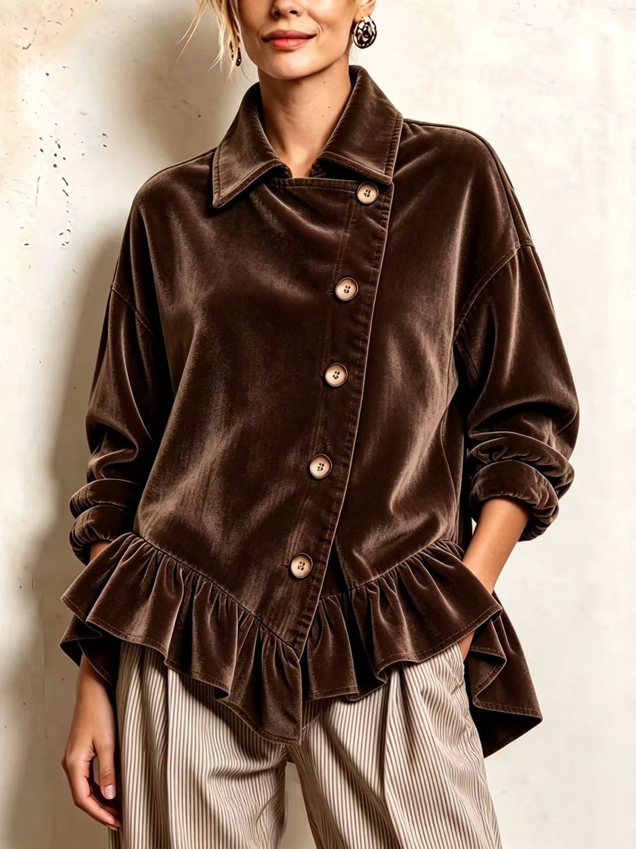 Chic Cozy Asymmetrical Ruffled Hemvelvet Top