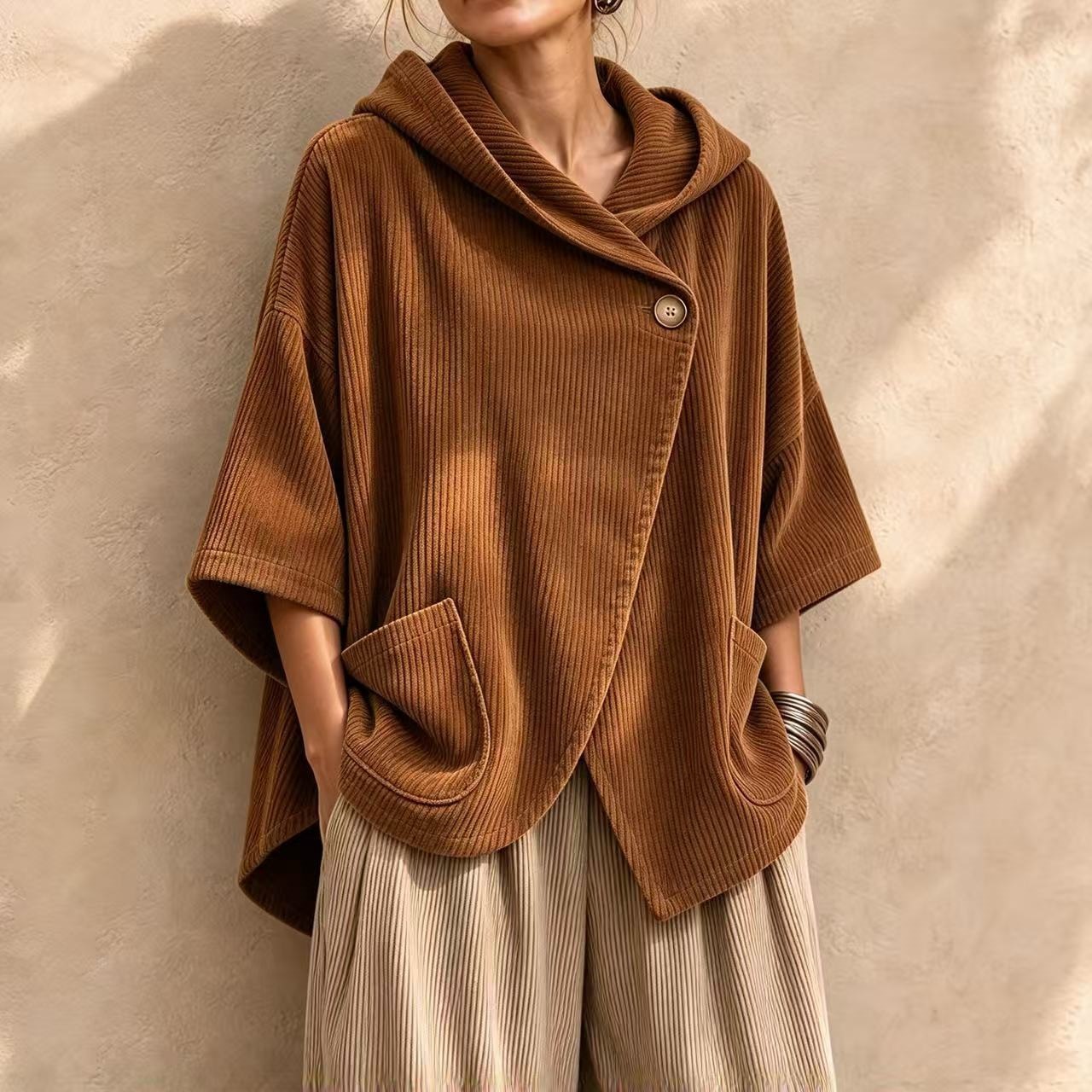 Cozy Asymmetric Corduroy Hooded Poncho Top