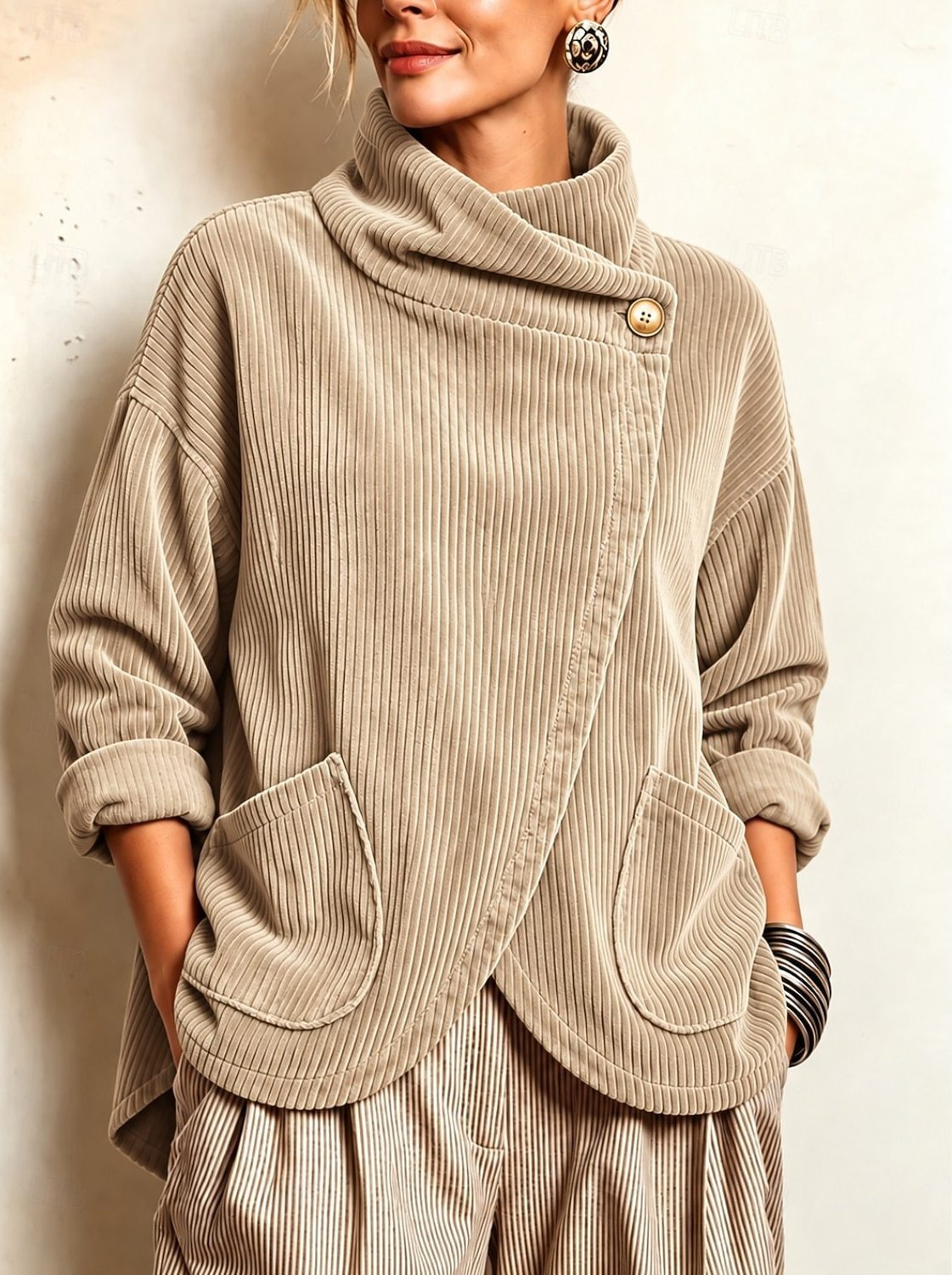 Cozy Asymmetric Button-Accented Corduroy Top