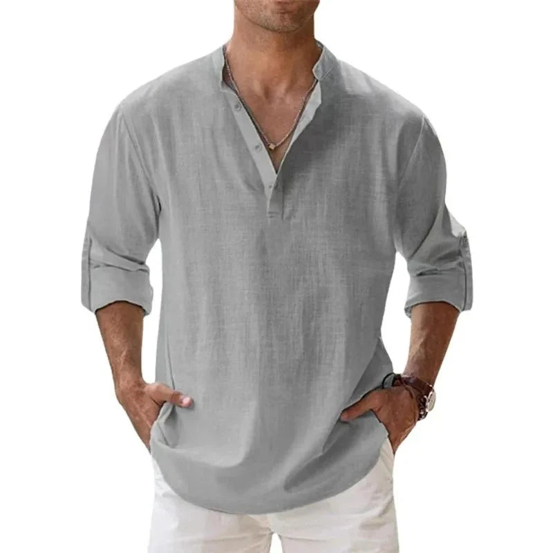 Lightweight Long Sleeve Henley Shirts for Men - Breathable Beach Streetwear Cotton Linen