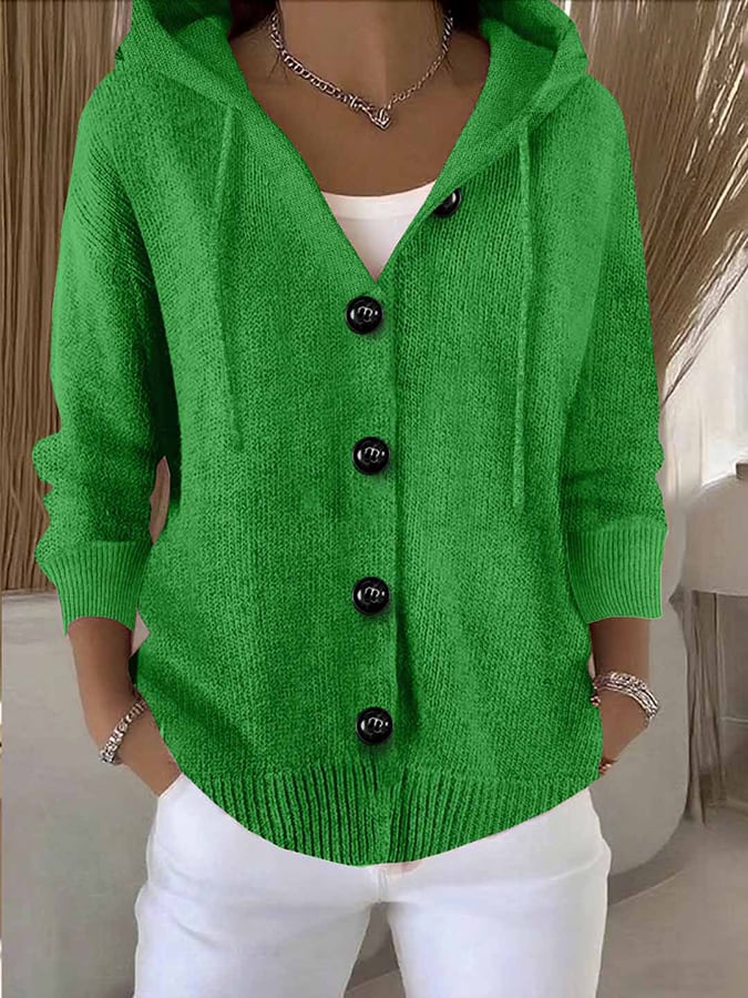 Women's Casual Hooded Long Sleeve Button Cardigan Sweater