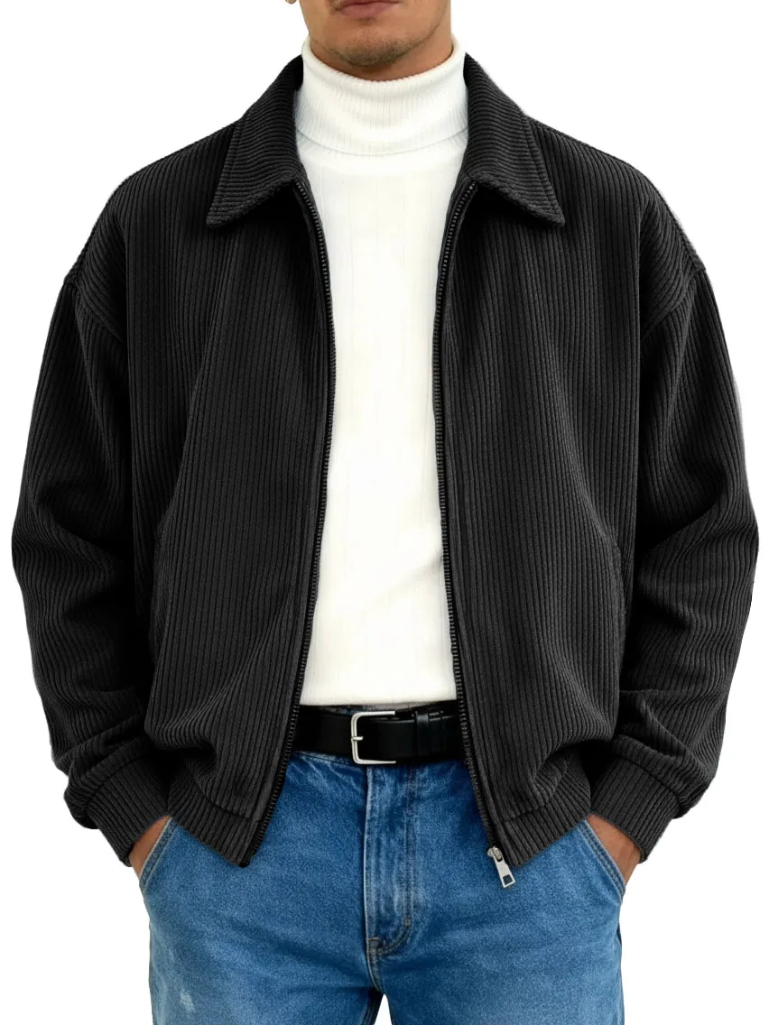 Men's Stylish Vintage Ribbed Fabric Long-sleeved Lapel Motorcycle Jacket