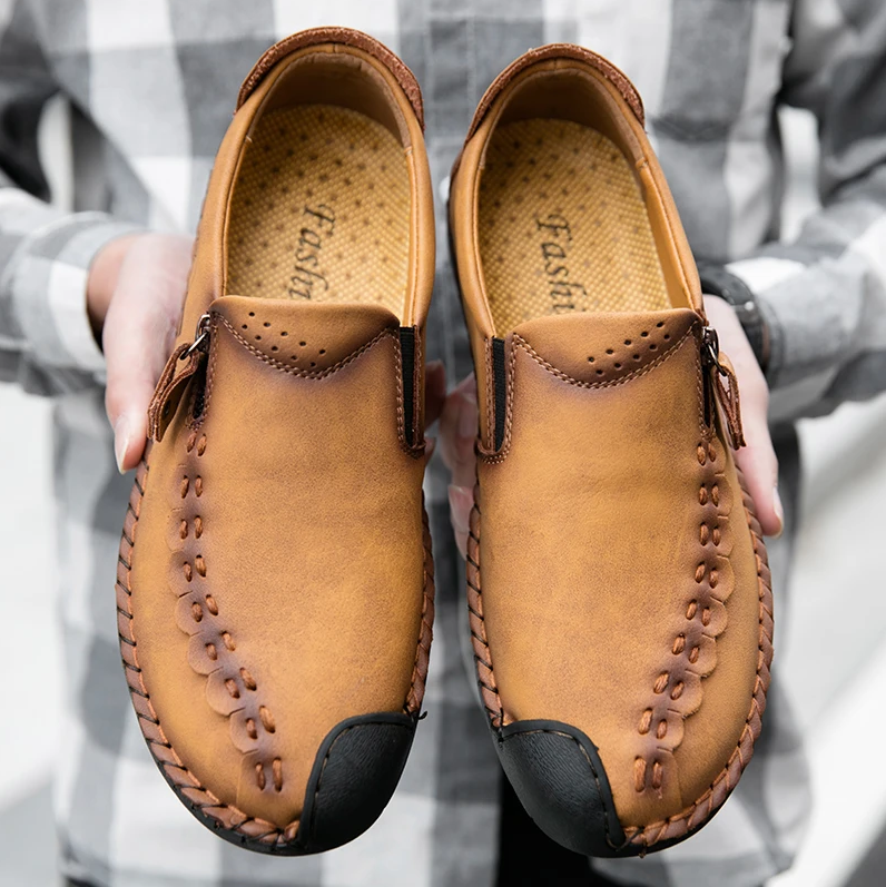 🔥Hot Sale🎉 Men Hand Stitching Vintage Casual Comfy Leather Soft Sole Zipper Slip On Loafers
