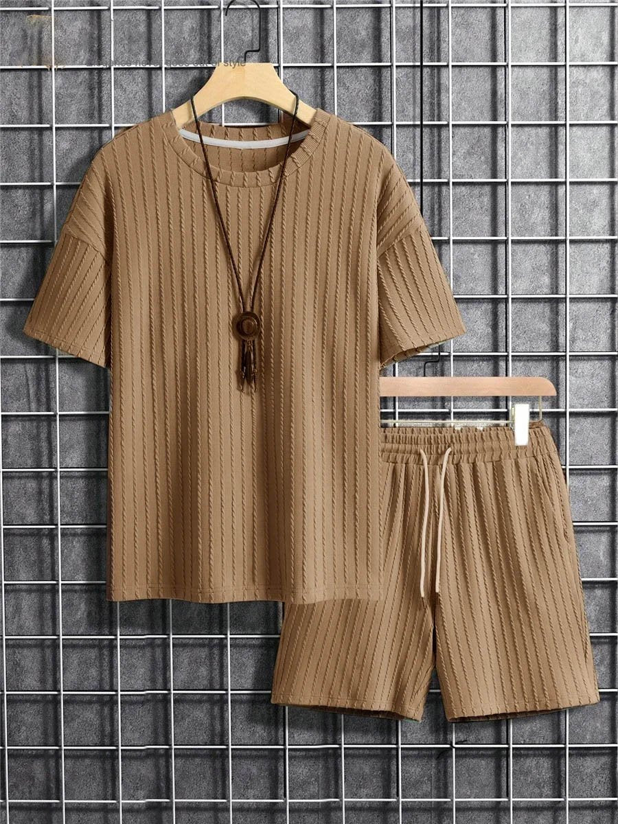 Men's 2 Piece Suits Fashion Solid Stripe Short-sleeve T-shirts Shorts