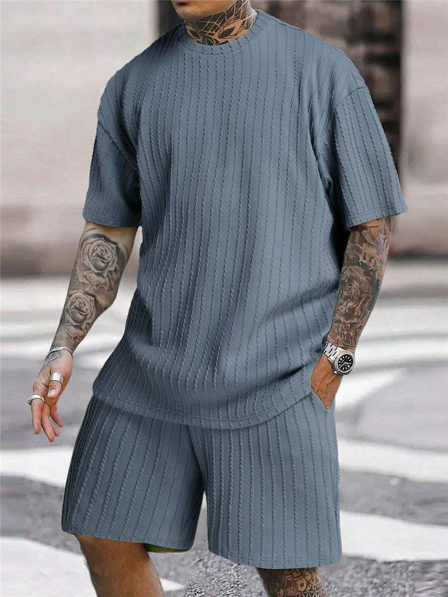 Men's 2 Piece Suits Fashion Solid Stripe Short-sleeve T-shirts Shorts