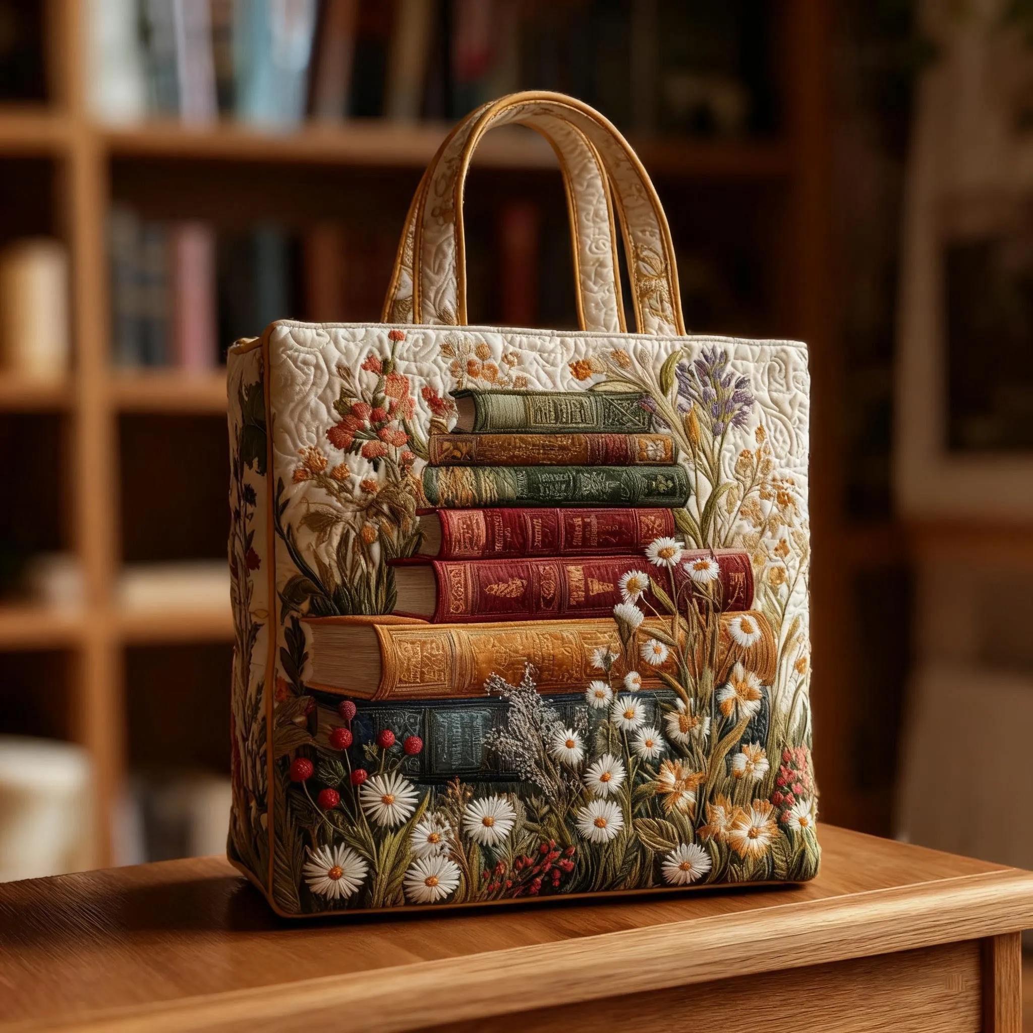 Artistic Book Scroll Floral Quilted Tote Bag