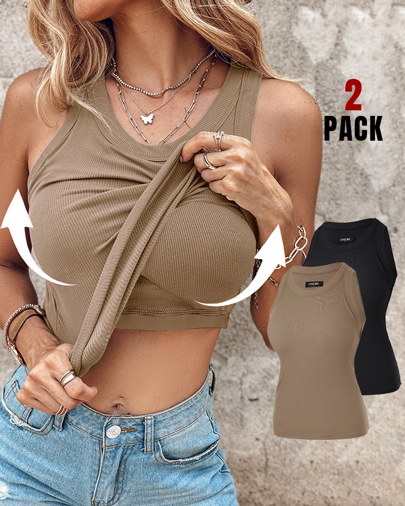 Built-in Bra 2 Piece Athletic Tank Tops for Women Ribbed Tank Top
