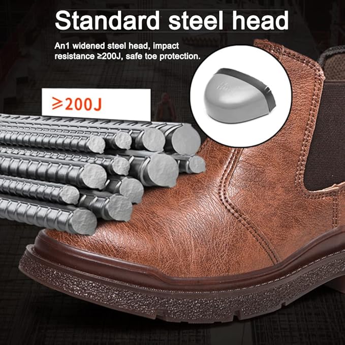 ⏰Limited Time Sale 70% OFF-Men's Genuine Leather Steel Toe Orthopedic Chelsea Work Boots – Anti-Puncture, Anti-Collision, Waterproof, Slip-On Arch Support Safety Shoes, Durable & Non-Slip