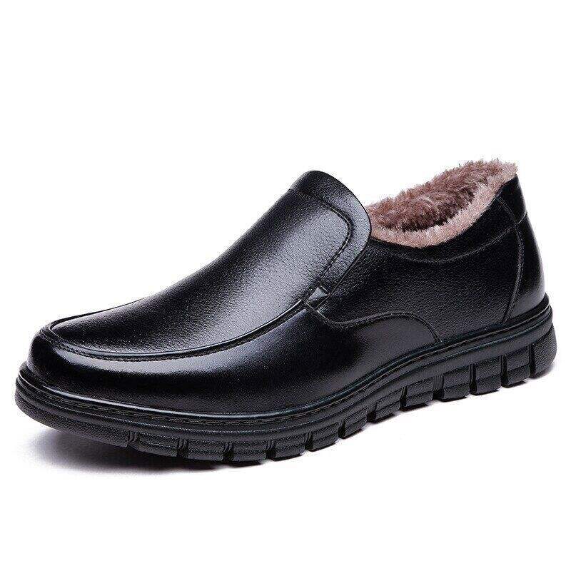 Men's Genuine Leather Slip-on Warm Winter Plush Soft Insole Casual Business Shoes