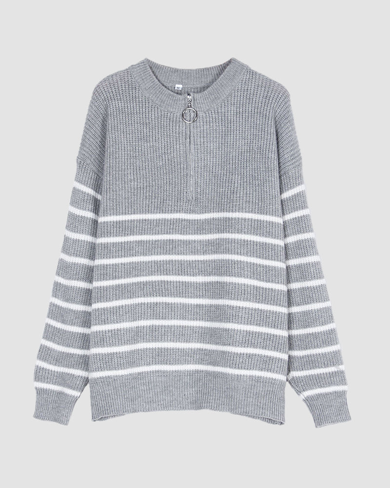 Striped Pattern Quarter Zipper Drop Shoulder Sweater Pullover