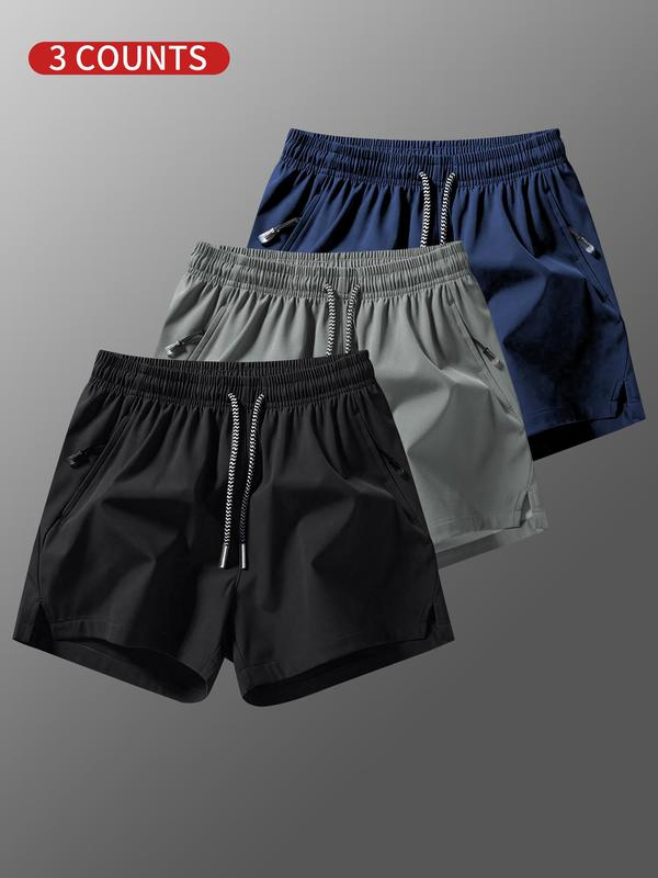 Men's Plain Solid Color Drawstring Short Pants,Zip Pocket