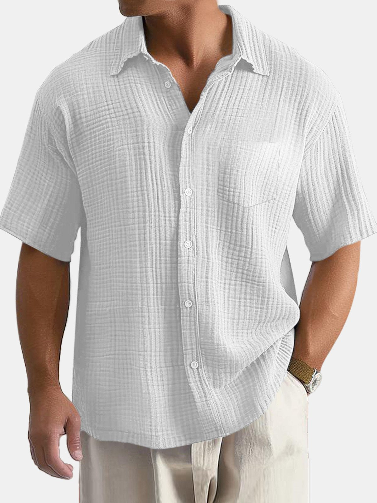 Men's Daily Simple Solid Color Textured Pocket Short-sleeved Shirt