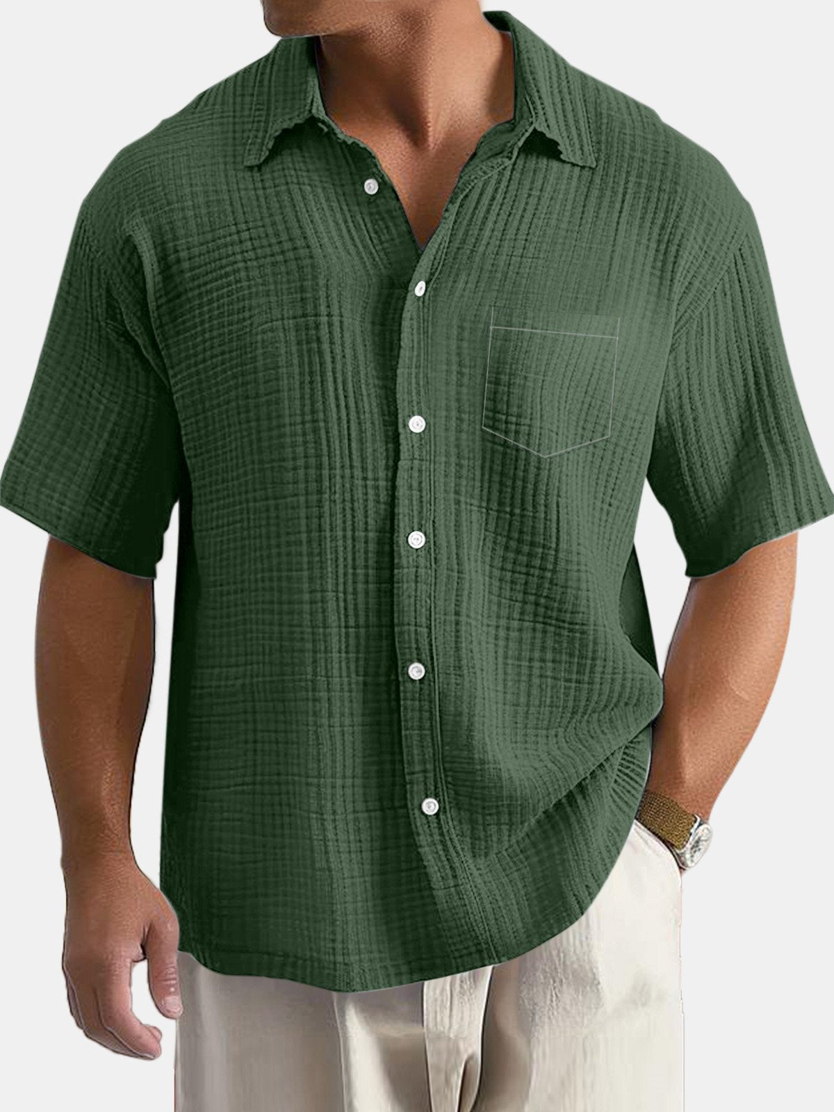 Men's Daily Simple Solid Color Textured Pocket Short-sleeved Shirt