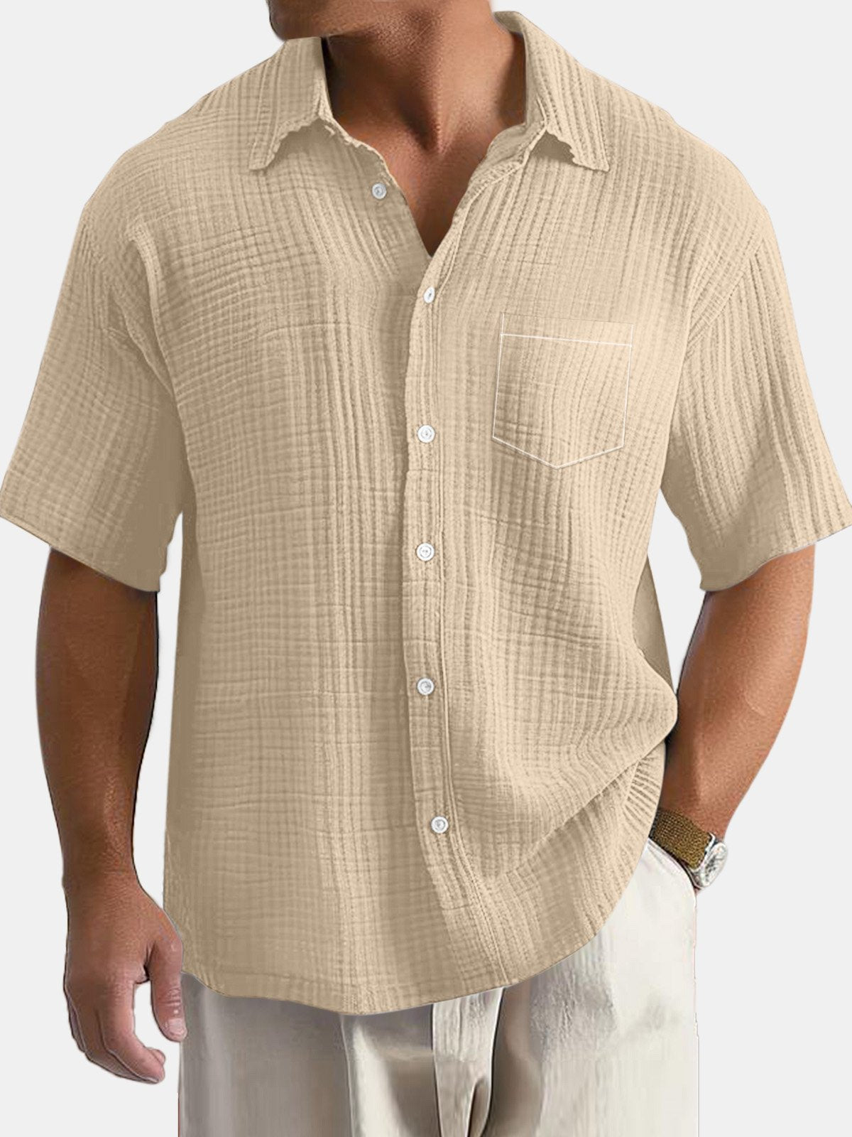 Men's Daily Simple Solid Color Textured Pocket Short-sleeved Shirt