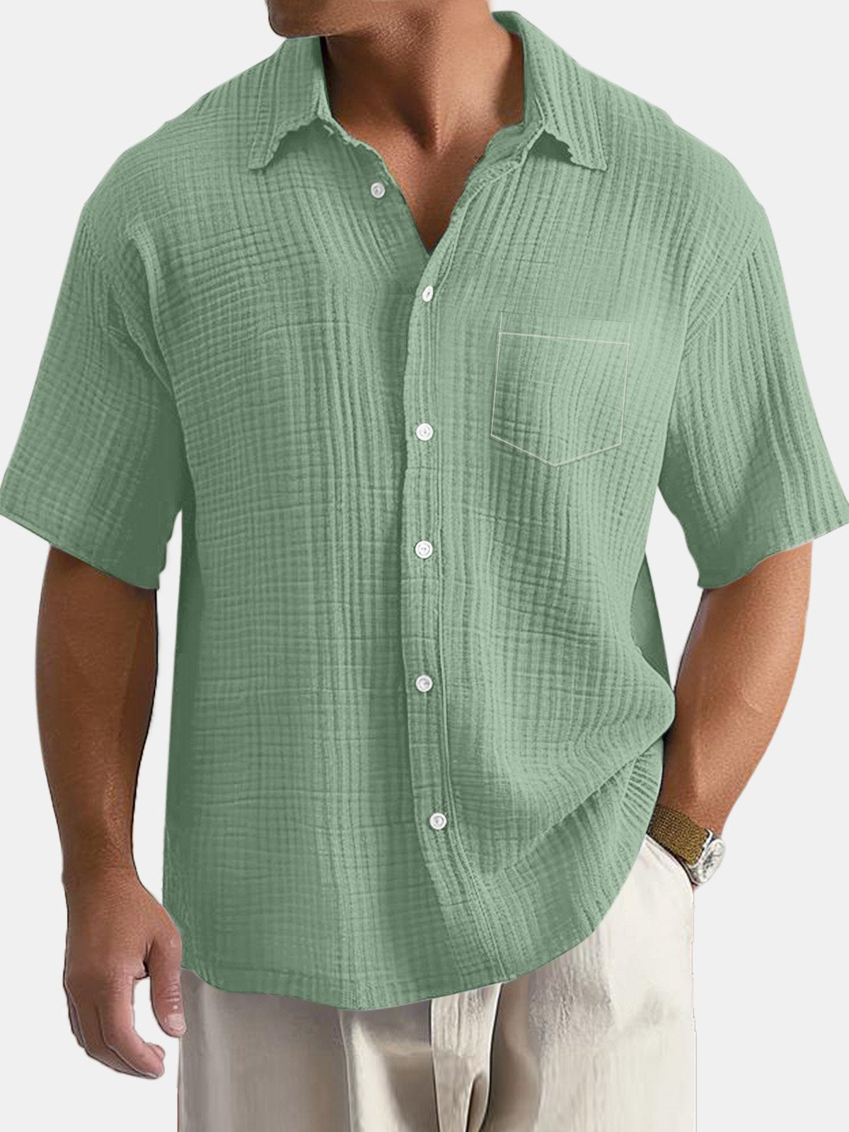 Men's Daily Simple Solid Color Textured Pocket Short-sleeved Shirt