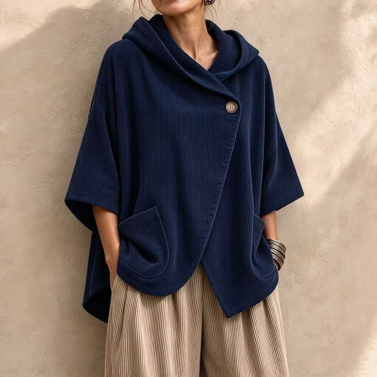 Cozy Asymmetric Corduroy Hooded Poncho Top