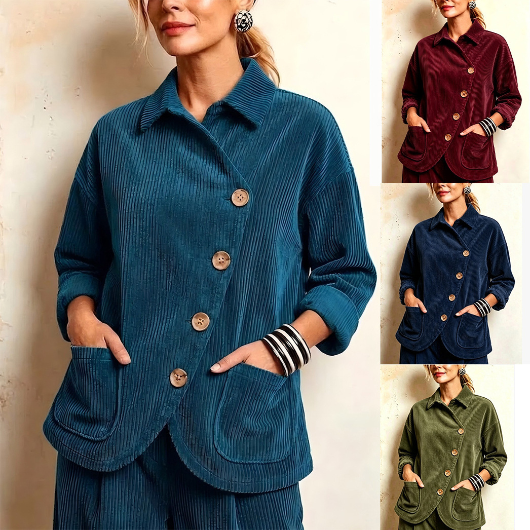 Collared Diagonal Button Corduroy Jacket