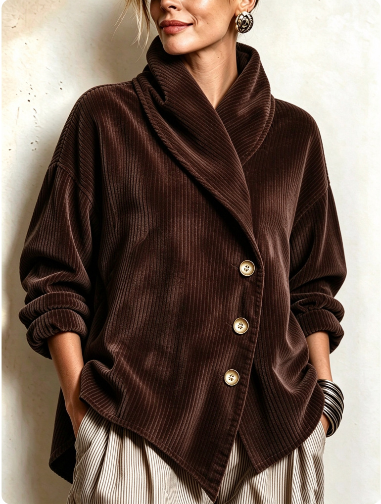 Chic Teal Corduroy Shawl Collar Asymmetric Cut Top