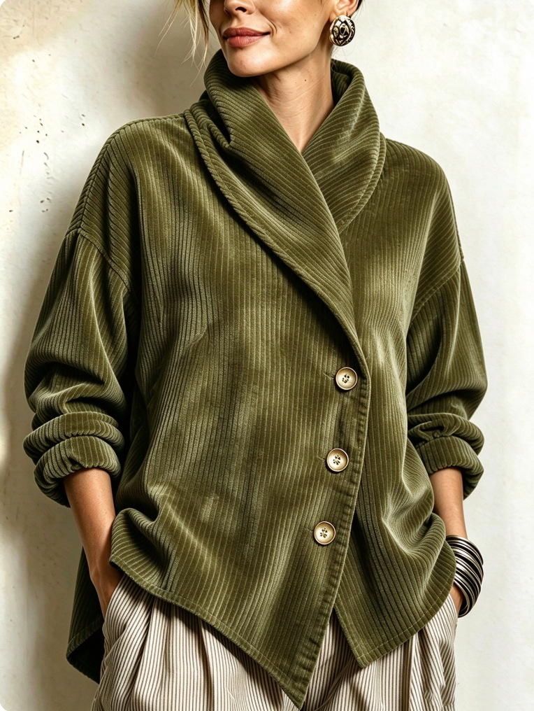 Chic Teal Corduroy Shawl Collar Asymmetric Cut Top