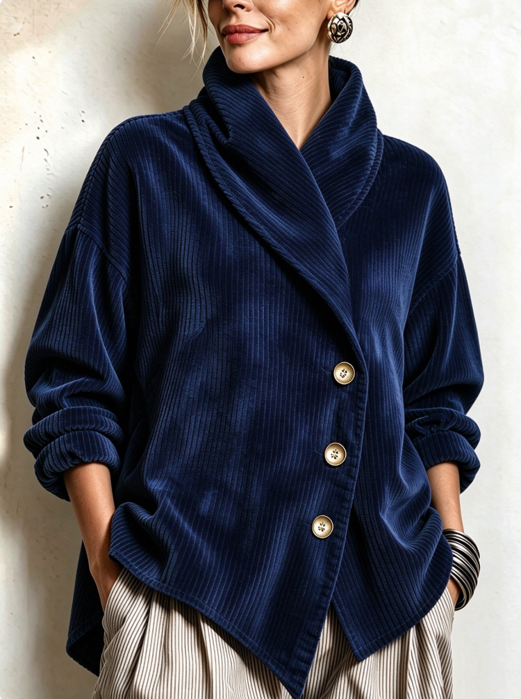 Chic Teal Corduroy Shawl Collar Asymmetric Cut Top