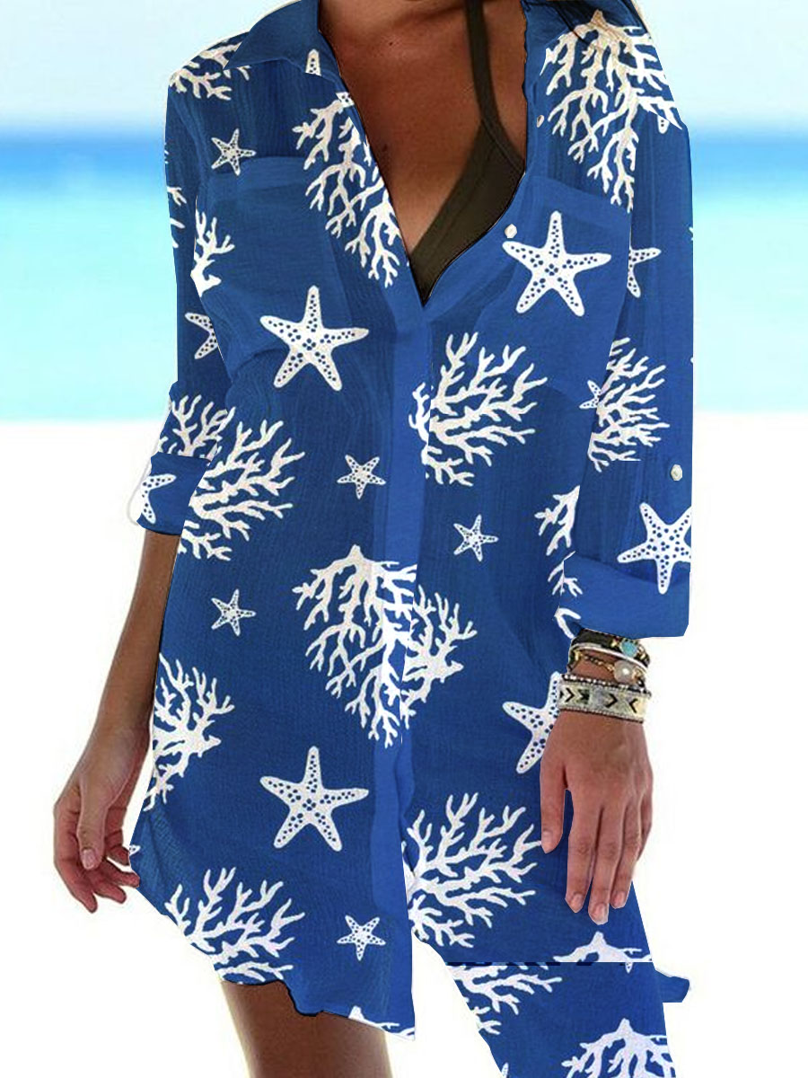 Women's Shirt Dress Watercolor Coral Starfish Pattern Casual Dress Shift Dress Mini Dress