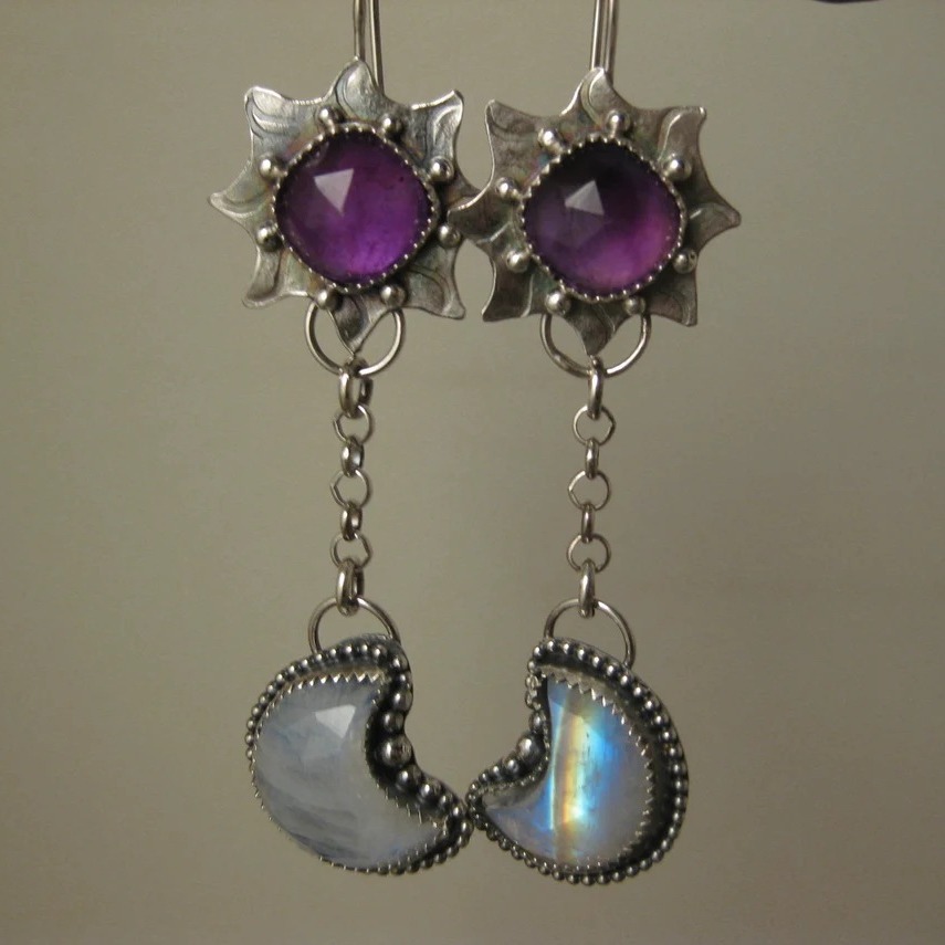 Vintage Chain-Link Sun and Moon Natural Stone Earrings