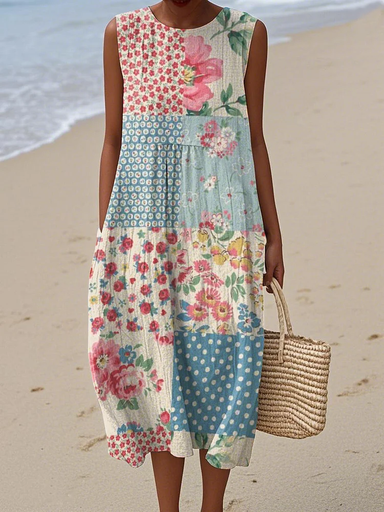 Women's Vintage Floral Art Print Sleeveless Linen Pocket Wrap Dress