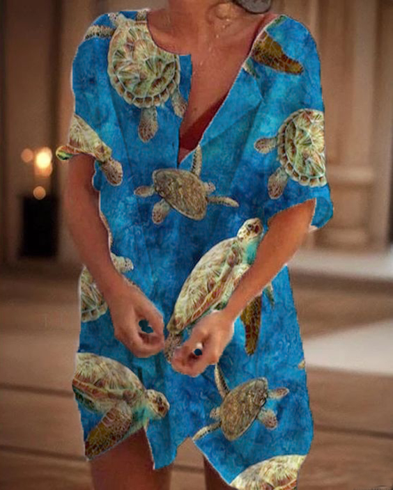 Ocean Sea Turtle Printed Beach Short Dresses