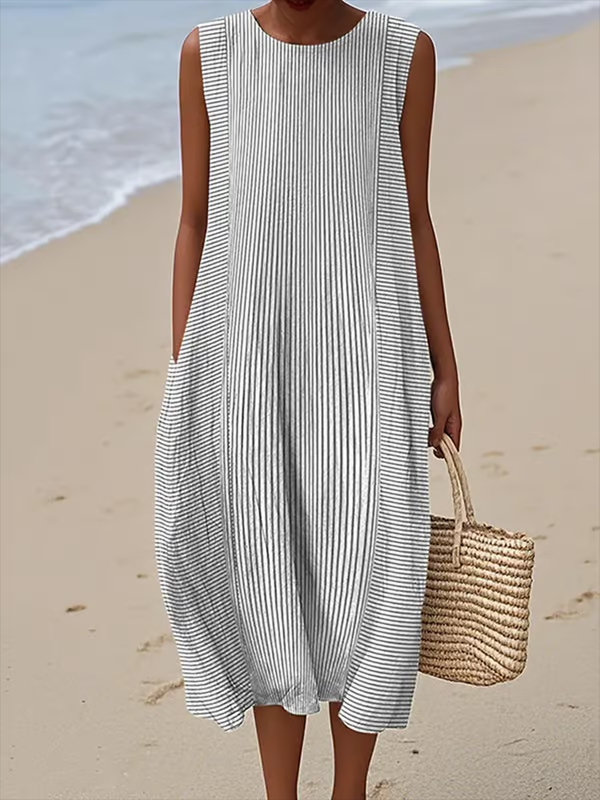 Women's Pinstripes Pattern Print Sleeveless Cotton Pocket Wrap Dress
