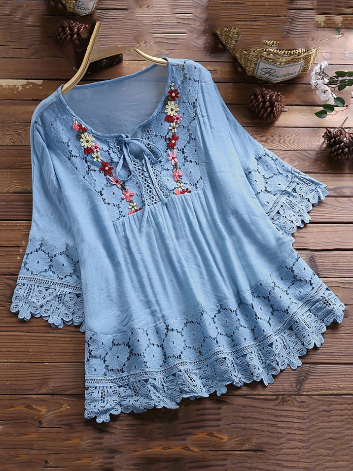 Women's Blouses Loose Belted Lace 3/4 Sleeves Blouse