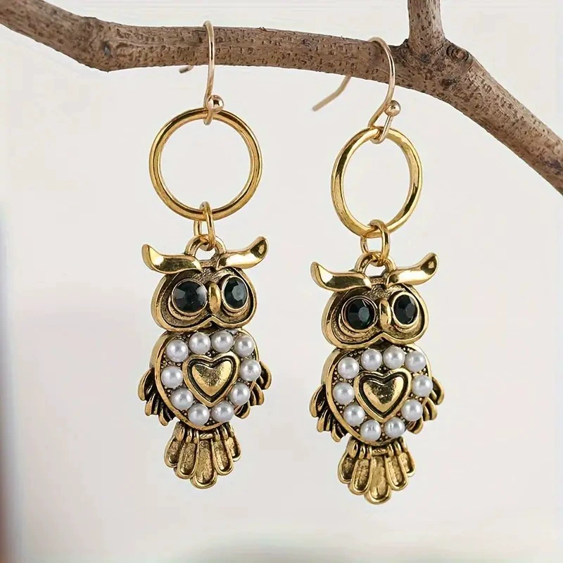 Vintage Antique Metal Carved Owl Pendant Earrings