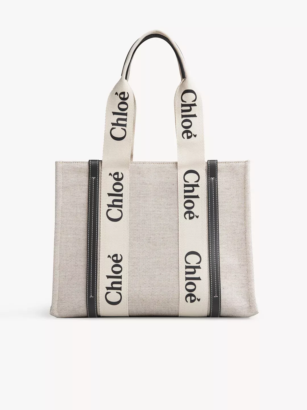 "WOODY" medium tote bag made of cotton canvas and shiny calfskin with "WOODY" ribbon